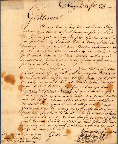 Bernard Romans letter to the printers, William and Thomas Bradford