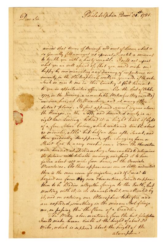image of manuscript page letter from David Rittenhouse to Benjamin Franklin
