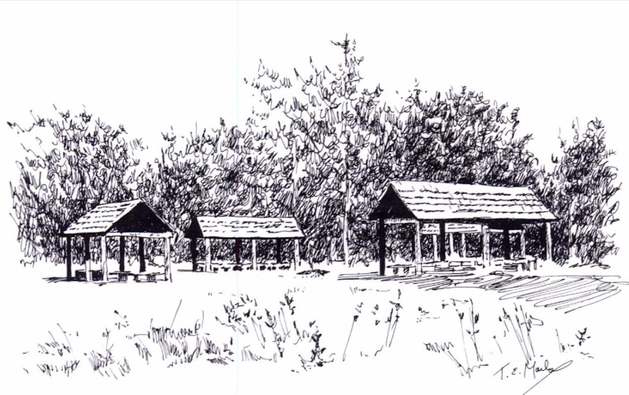 sketch of three shelters in outdoor area