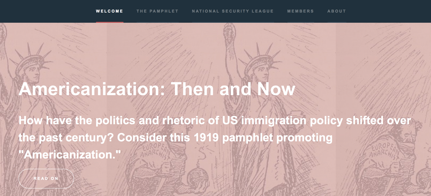 pink banner image with image of statue of liberty and immigrant caricature