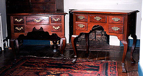 Dressing tables on cabriole legs with Spanish feet.  Right: from Smith family of Burlington, N.J., with incised bead on skirt and stamped brasses.  Left: with protuberances in place of pendants