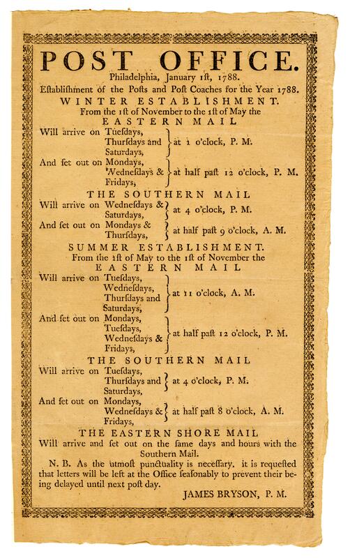 Post office listing and mail delivery times, 18th century
