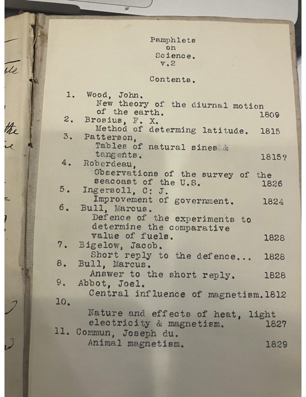 photo of typed page in bound book, list of pamphlets on science