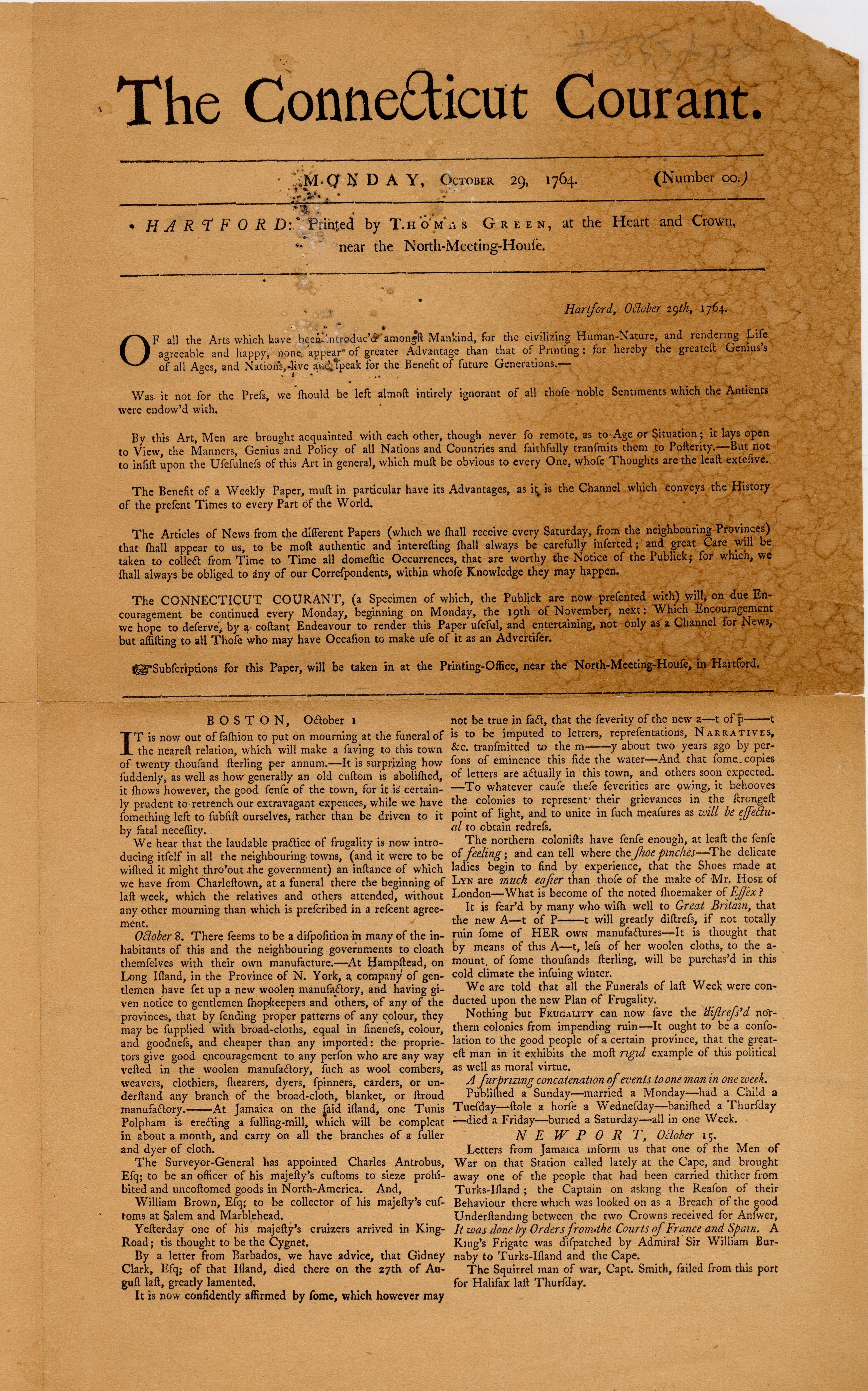 Aged copy of the Connecticut Courant