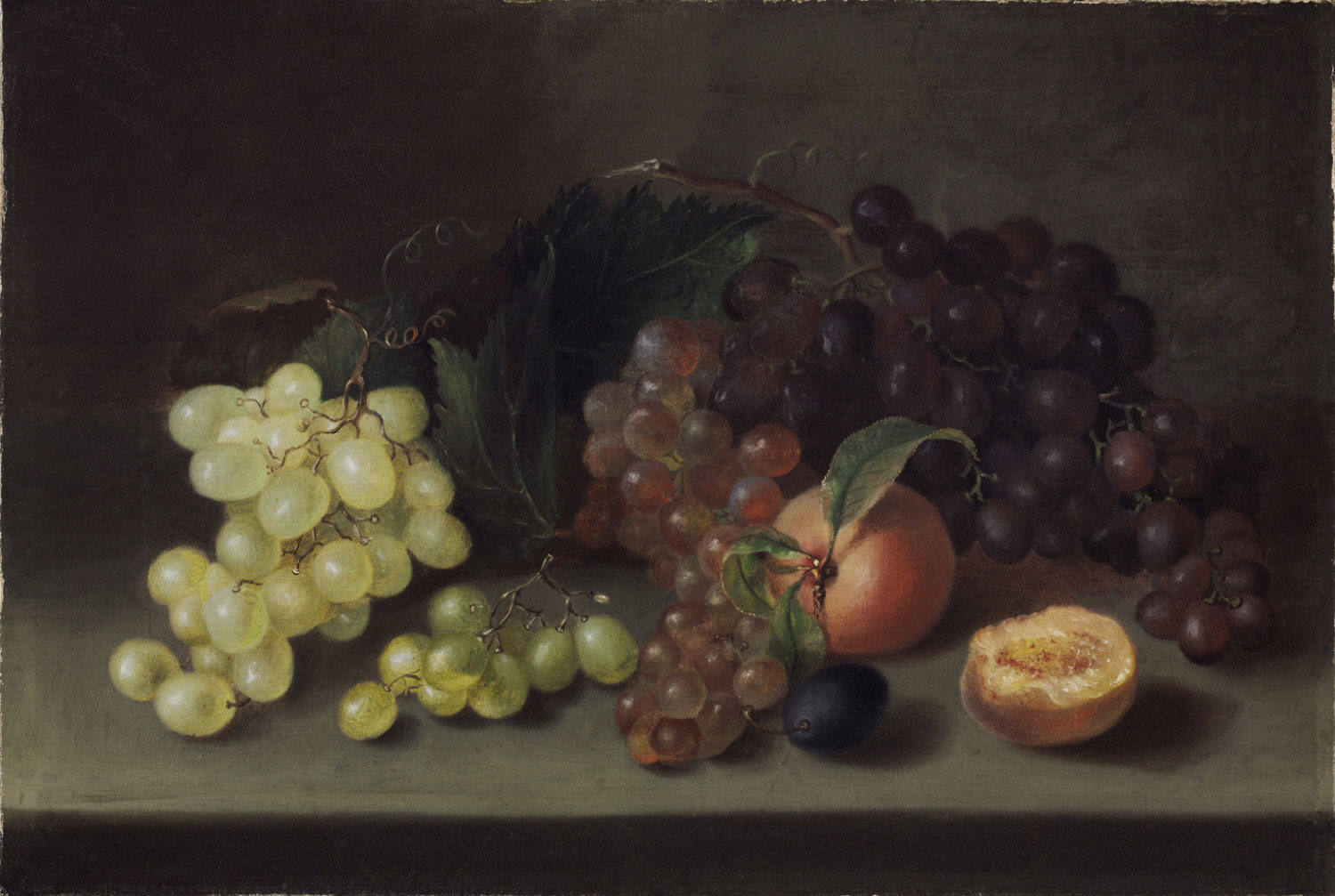 Still life painting of grapes and peaches