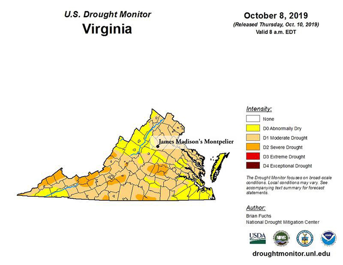 map detailing drought in Virginia in 2019. Montpelier is highlighted. 