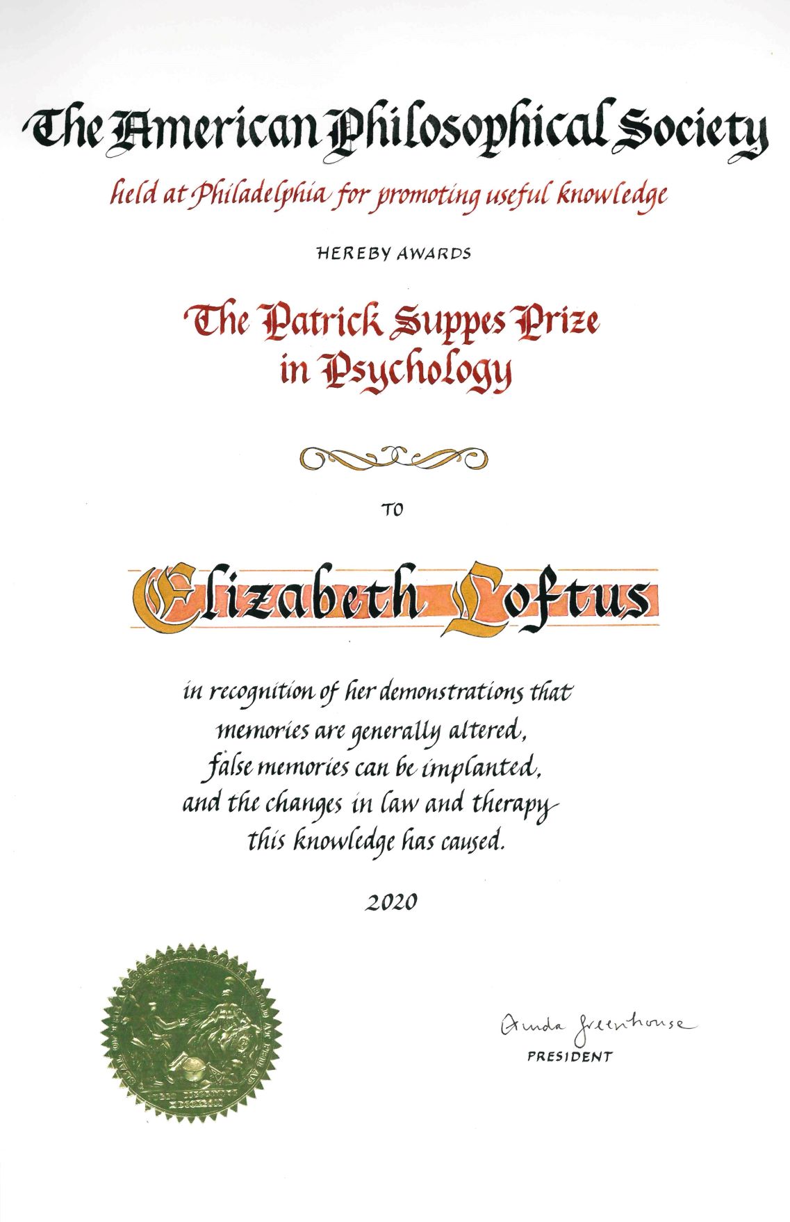 The Suppes Prize Certificate