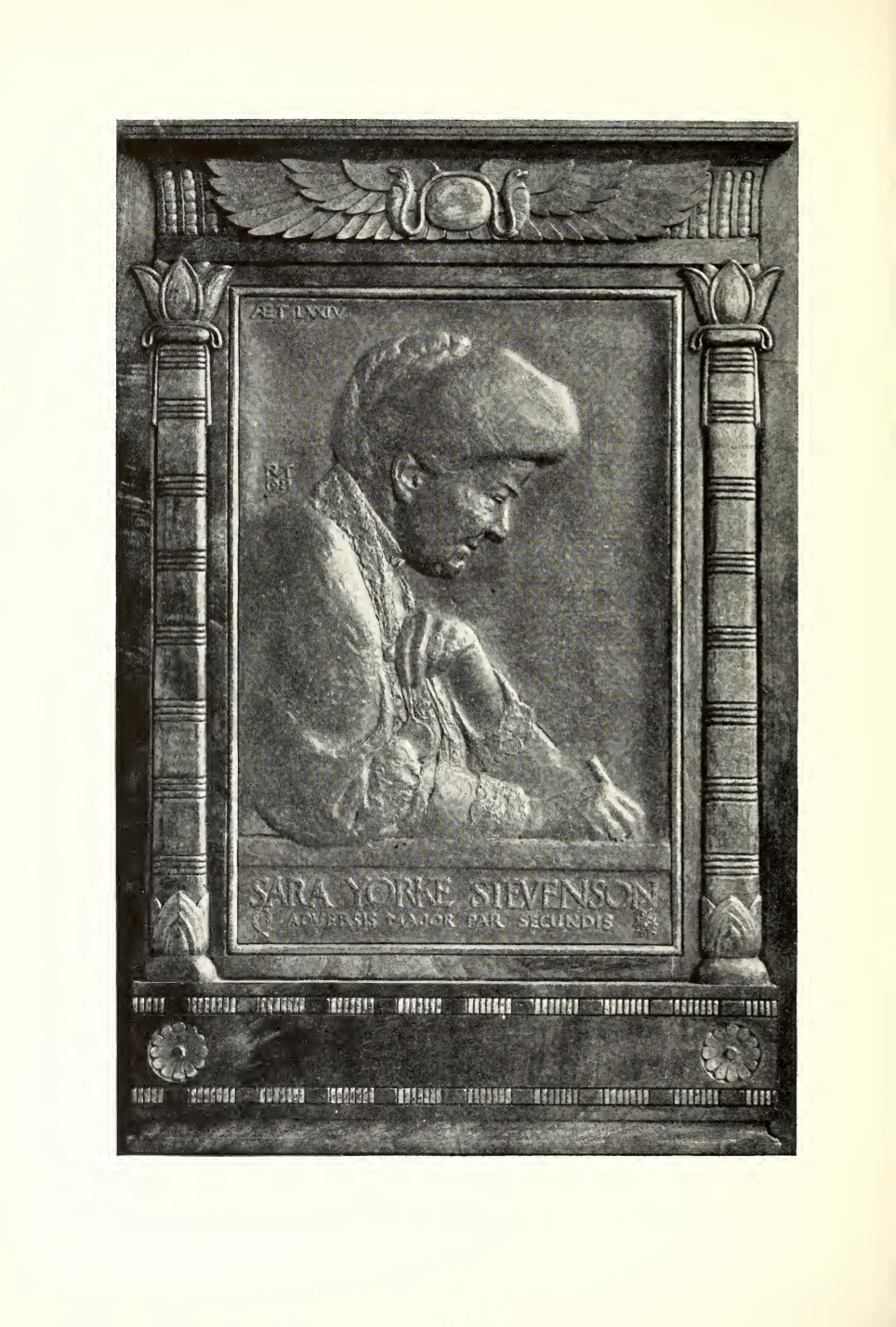 black and white image of bas-relief portrait