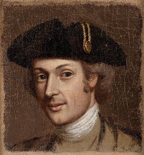 painted portrait of man wearing hat, image has a crackled finish
