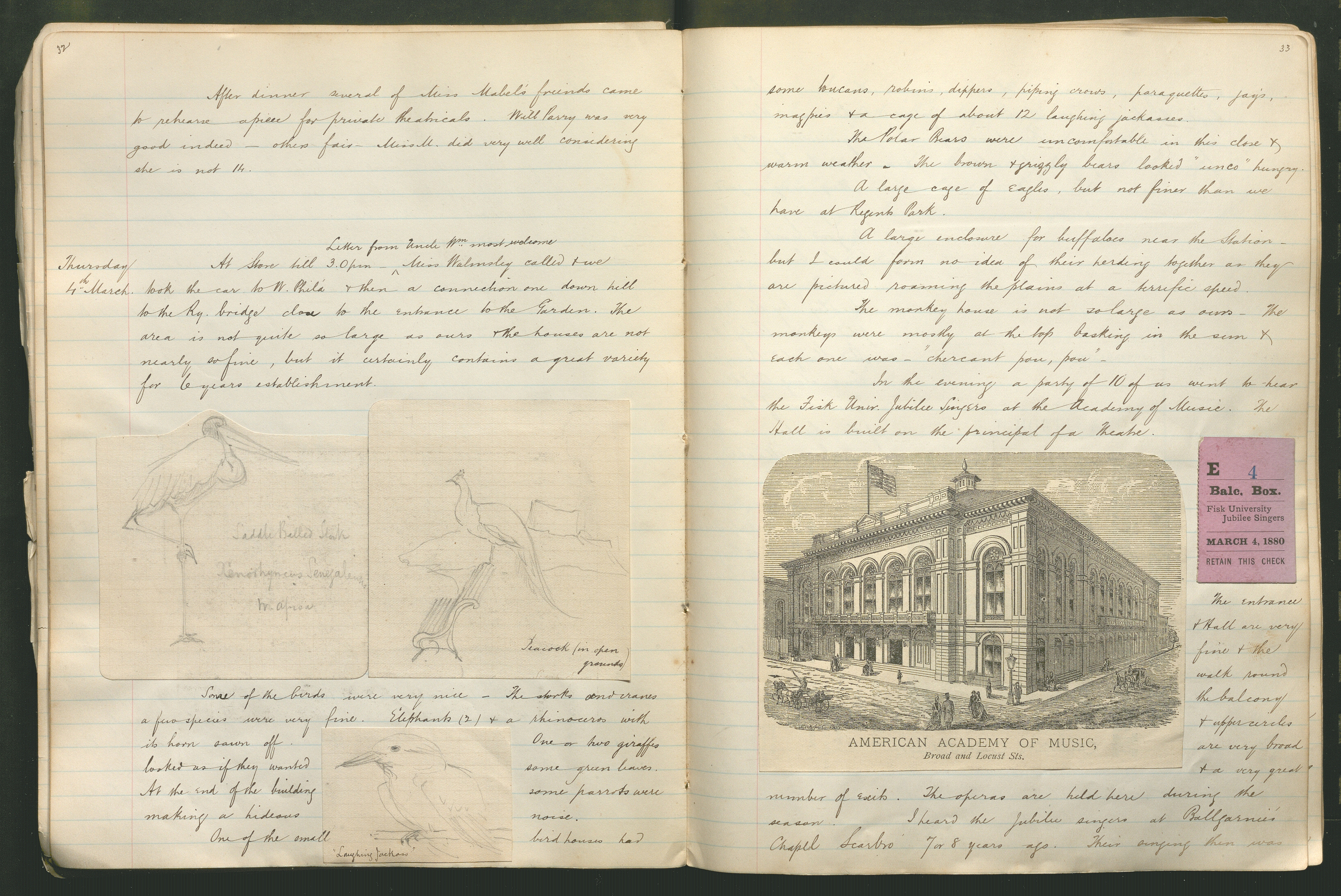 Journal open to sketches of birds and American Academy of Music clipping