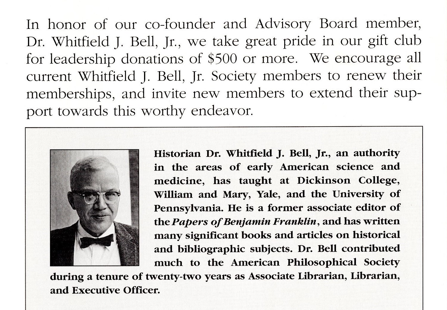 photo of Friends promotion featuring Whitfield Bell with small inset photo portrait