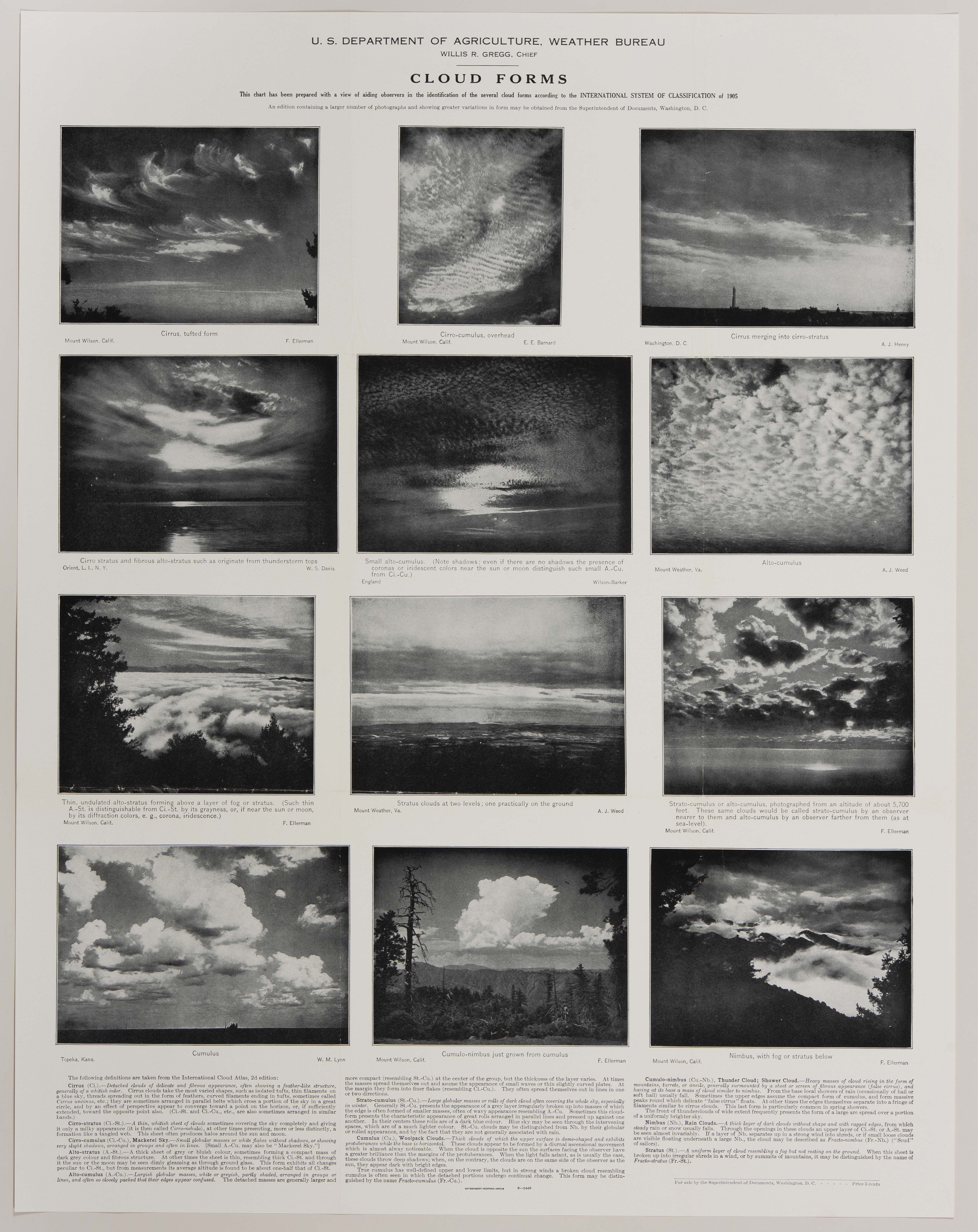 print with twelve black-and-white photos of different types of cloud forms with their names and descriptions