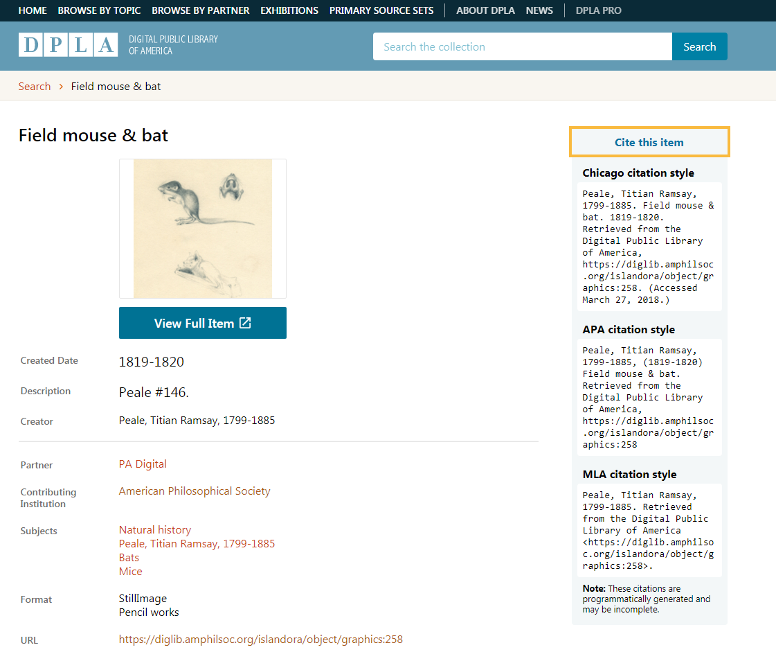 Item view in DPLA