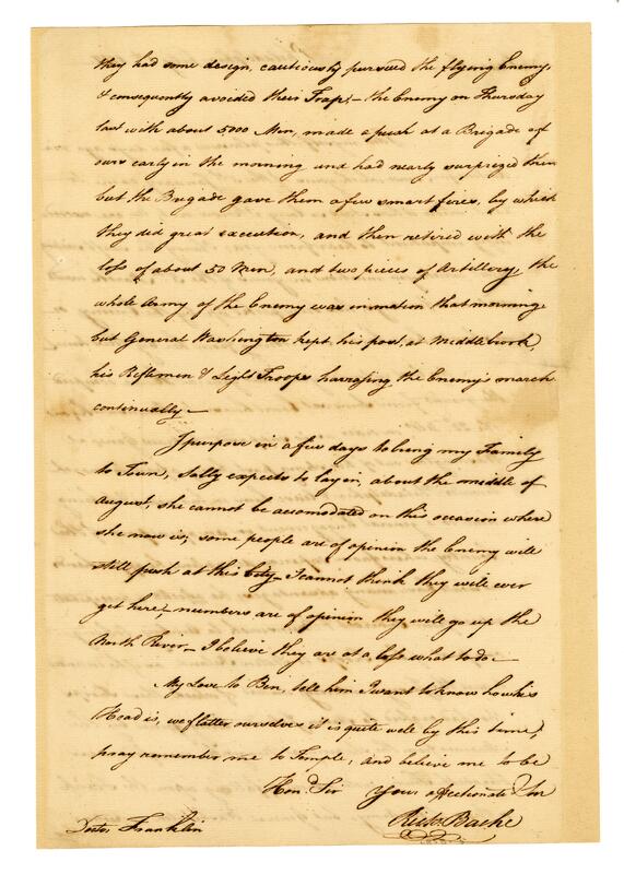 Image of manuscript page of Richard Bache's note about moving Sarah Franklin Bache and their children back to Philadelphia