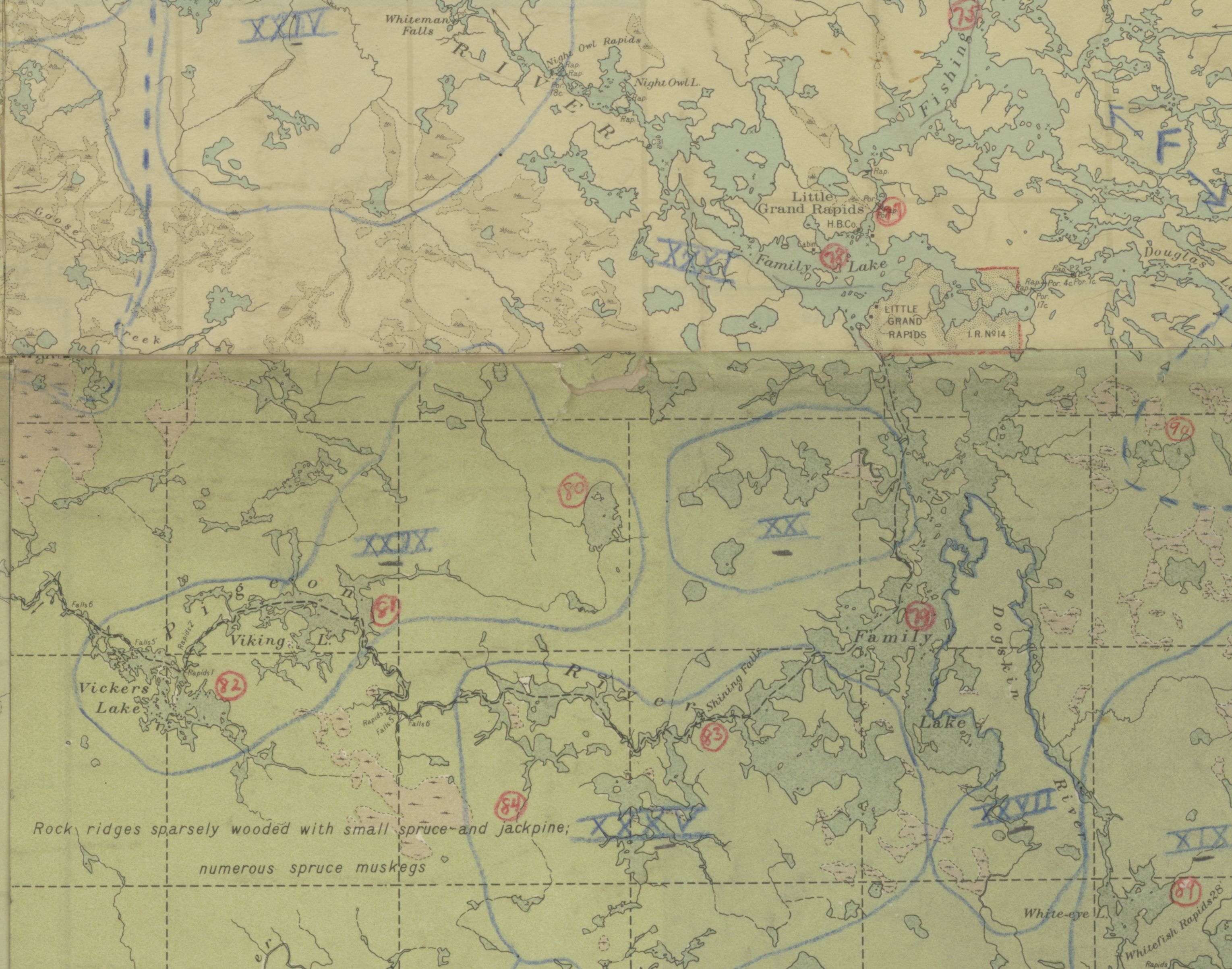 Image of Hallowell's annotations of Ojibwe land use on a map of the region east of Lake Winnipeg