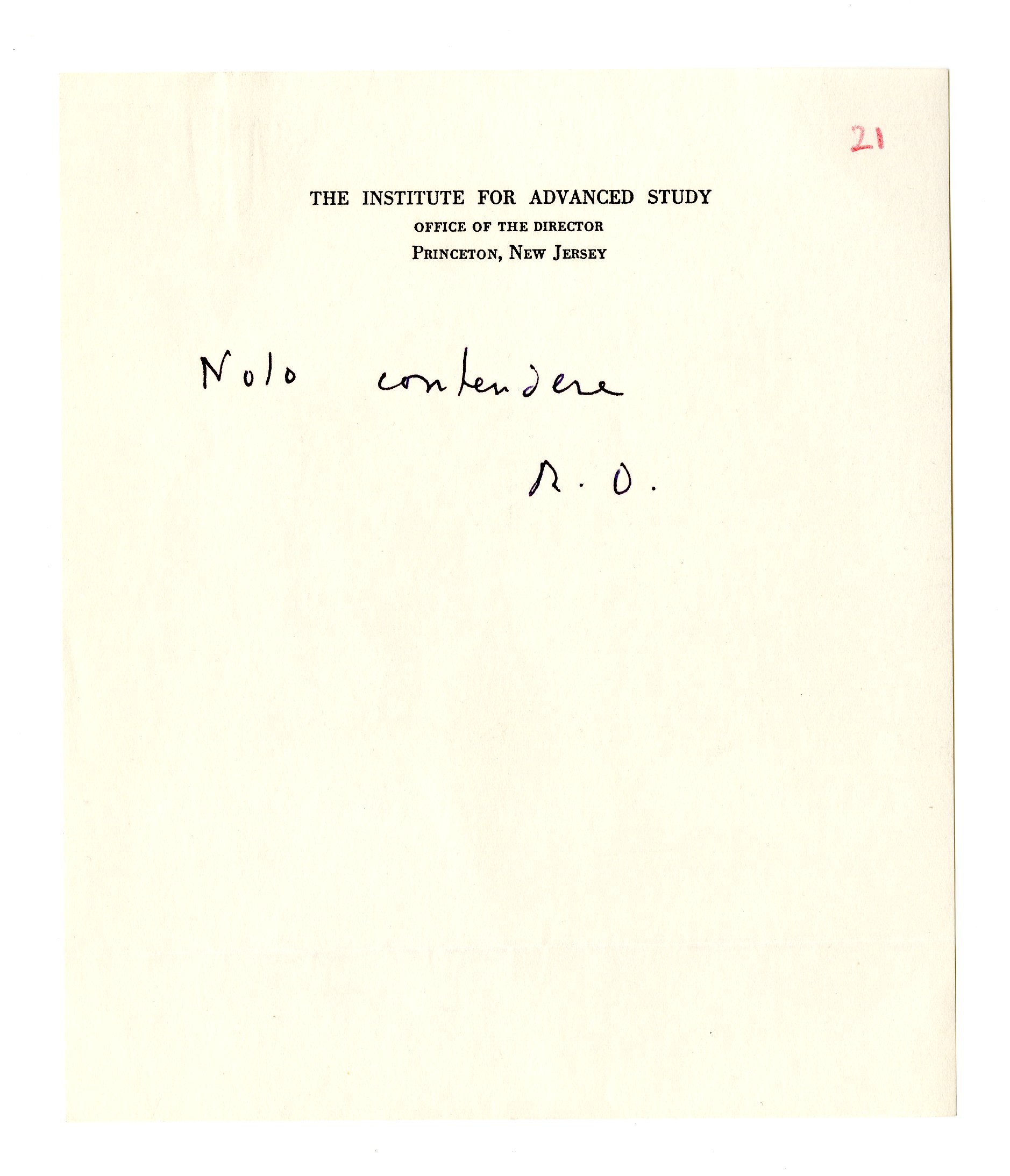 one-line handwritten letter on Institute for Advanced Study letterhead