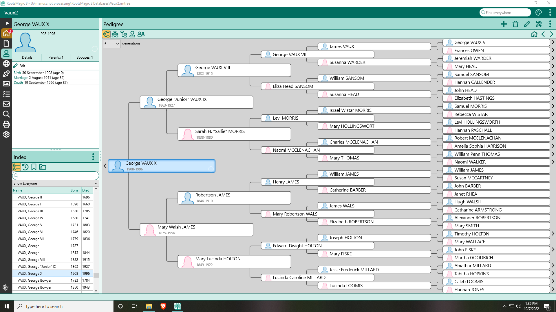 screenshot of family tree built in RootsMagic