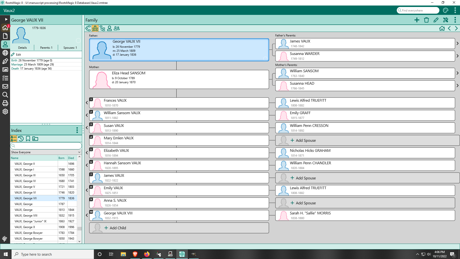 screenshot of family tree of George Vaux VII in RootsMagic