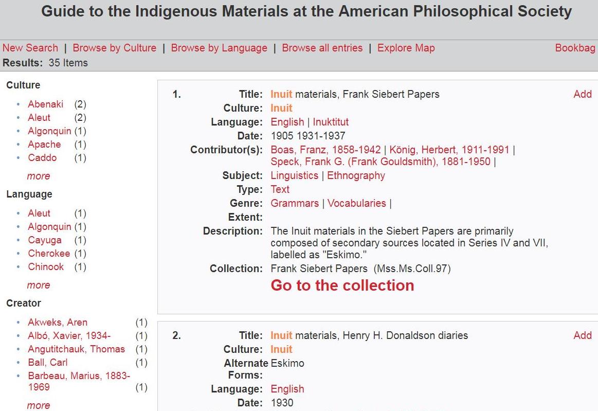 una página de texto que contiene los resultados de la búsqueda de la palabras clave «Inuit» 