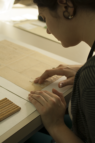 Fig 1: Surface cleaning the non-image areas of the primary support, using fine Staedtler Mars vinyl eraser crumbs (photo by Renee Wolcott)