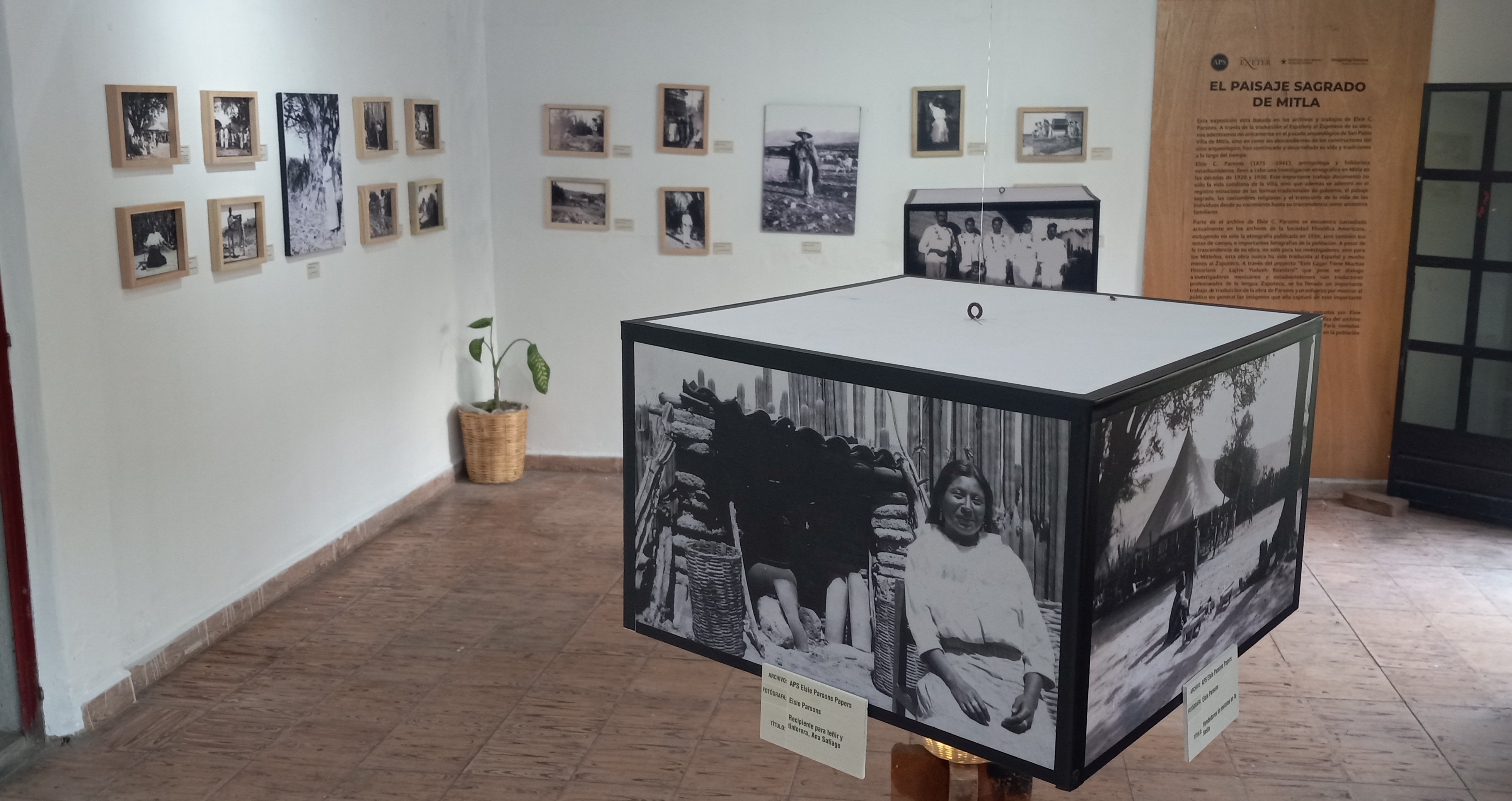 Exhibición con fotografías a blanco y negro enmarcadas en las paredes (al fondo) y un cubo de fotografías a blanco y negro (en primer plano).