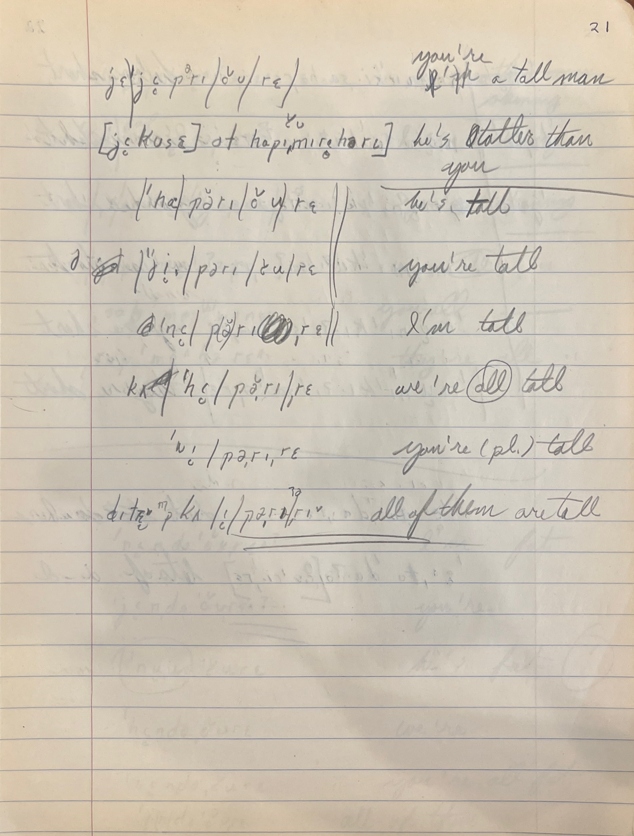  A page from Raven I. McDavid’s Catawba Notebook #3. The “comparative construction” appears as the second entry. (APS James Crawford Papers, Series IV-D).