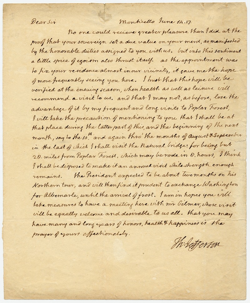 Jefferson attempting to arrange his planned vacation to the Natural Bridge around a potential visit by Corrêa. TJ to Corrêa, June 14, 1817, Mss.B.F327 - The Sol Feinstone Collection of the American Revolution, ca. 1760s-1850s, DLAR 634, American Philosophical Society, APS Digital Library.