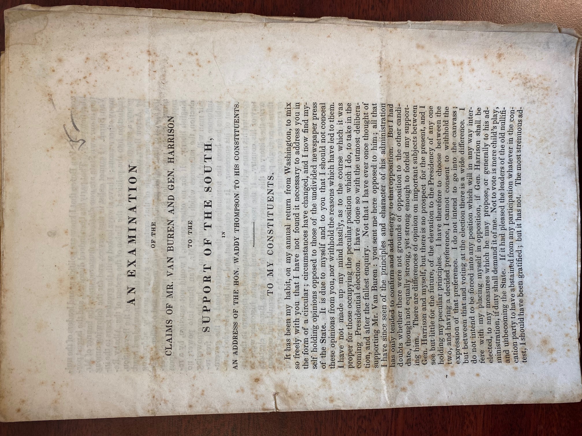 Title page with body text of An Examination of the Claims of Mr. Van Buren...