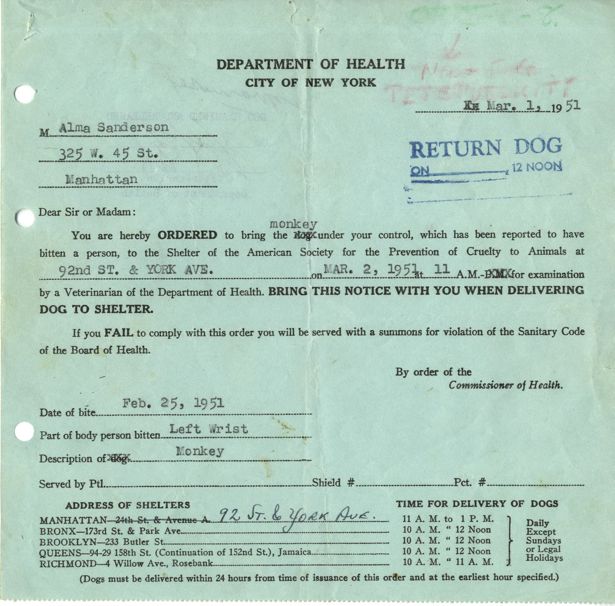 typed Summons with "Department of Health, City of New York" as title. Describes his order to bring a "monkey under your control, which has been reported to have bitten a person."