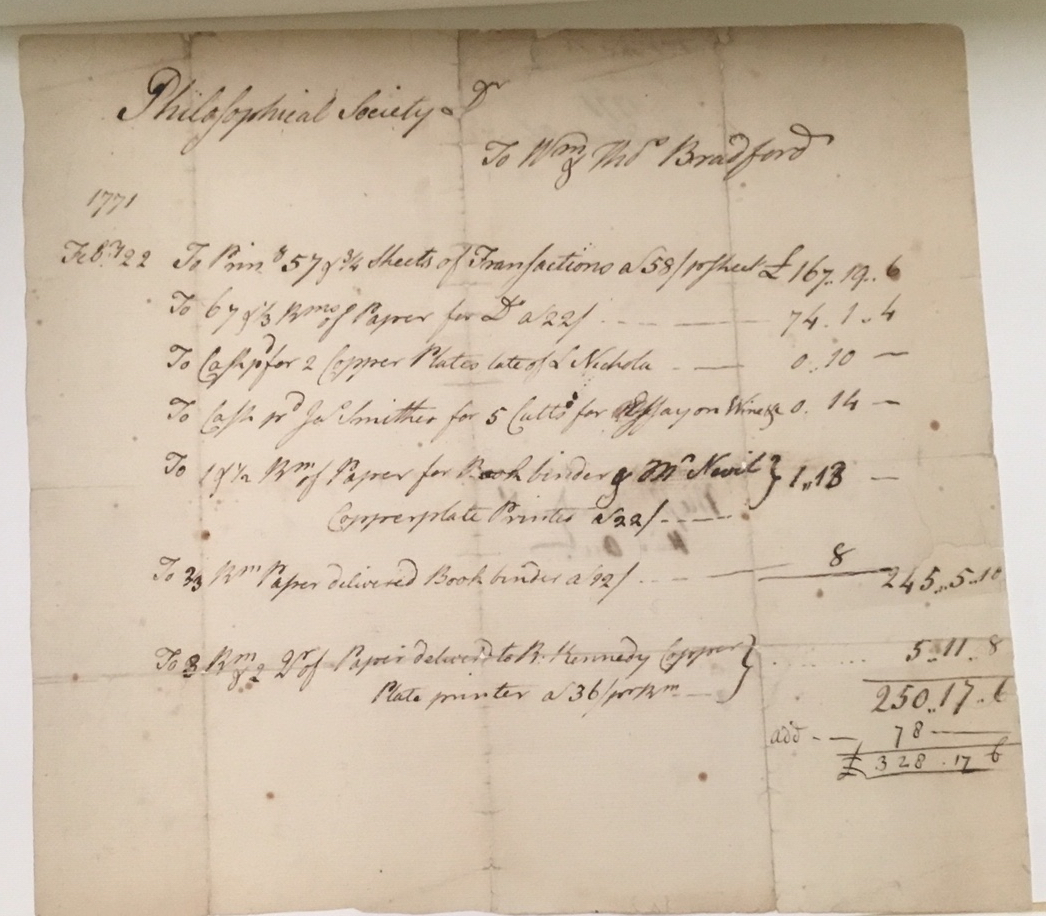 William and Thomas Bradford Account with American Philosophical Society, 22 February 1771, American Philosophical Society Archives, Record Group IIa.
