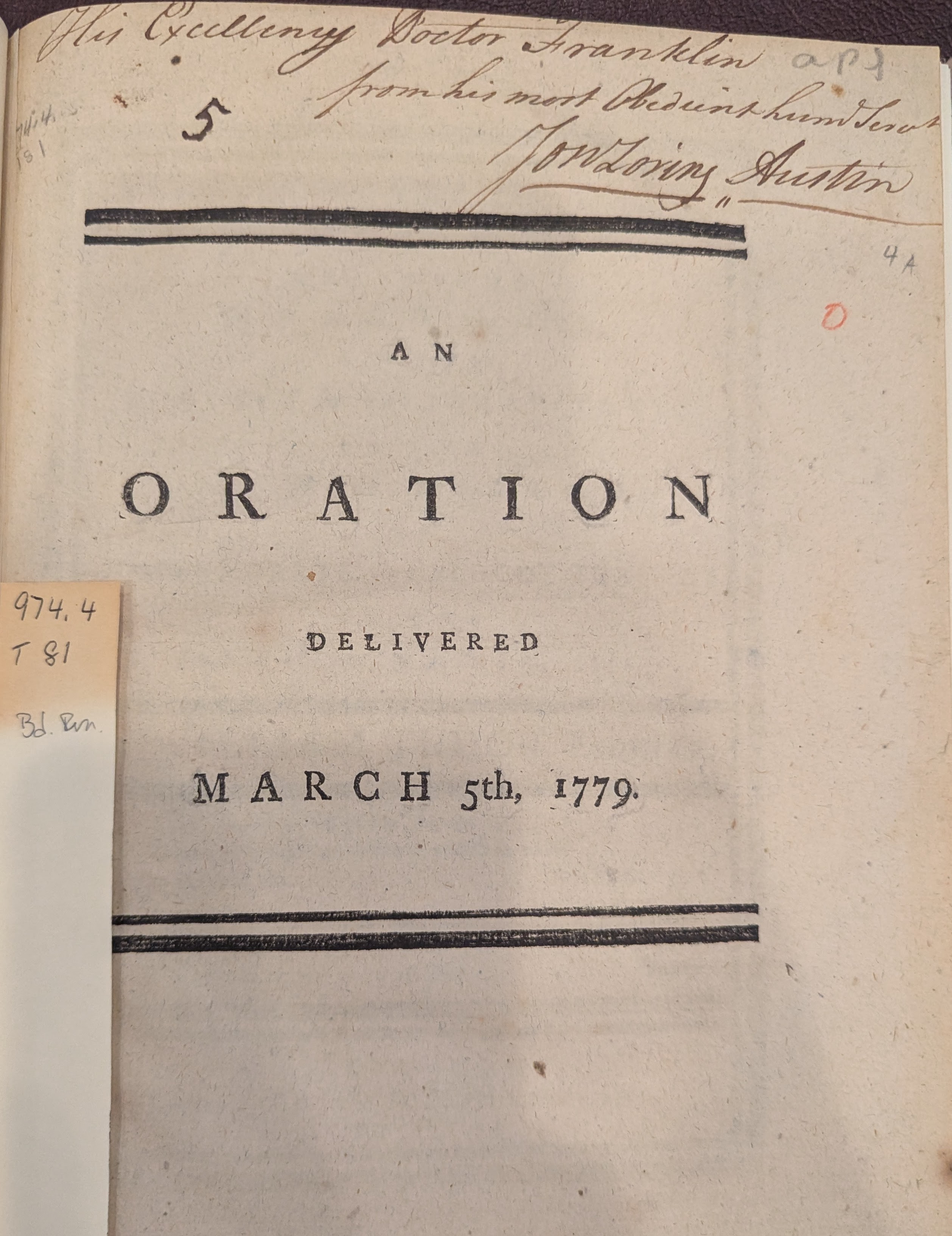 photo of title page of An Oration with inscription at top