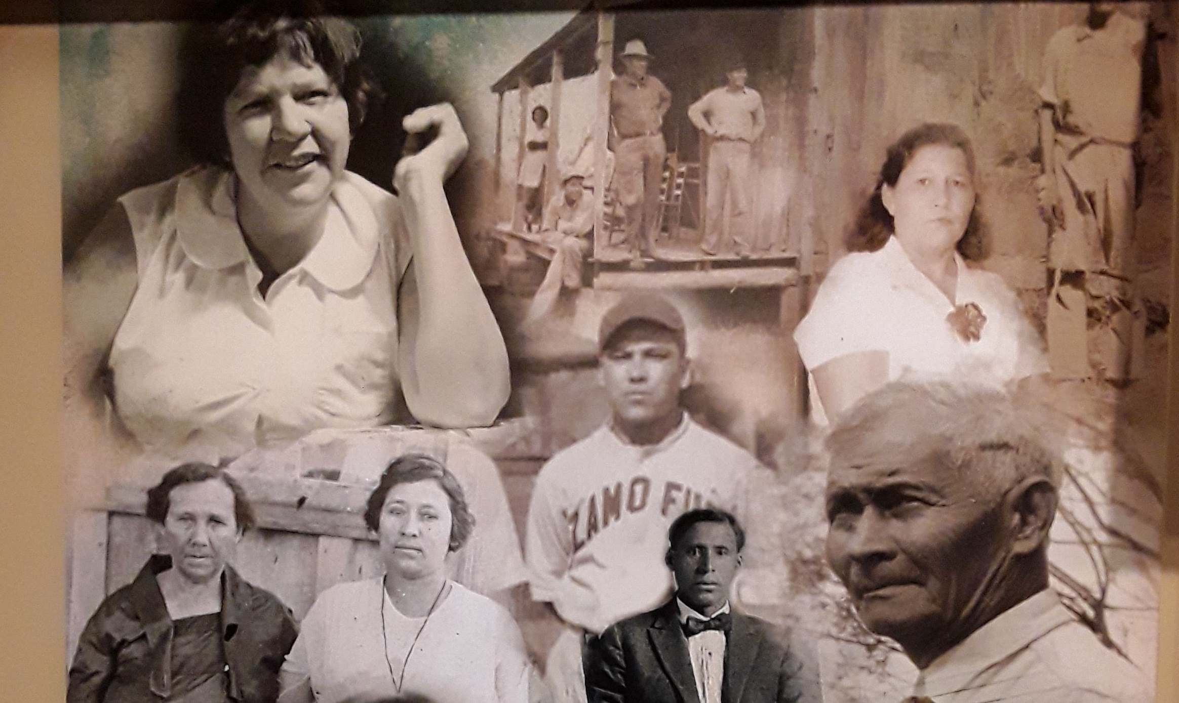Black-and-white photo collage of portraits of Tunica community members