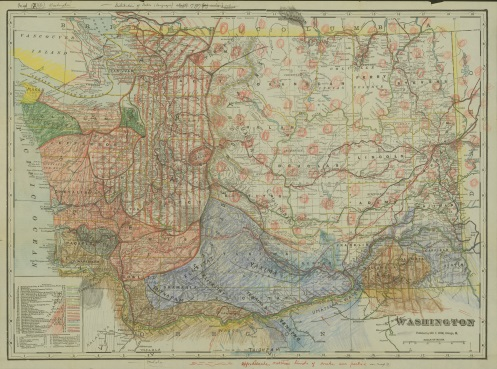 Un mapa del estado de Washington, con áreas coloreadas a mano que representan diferentes pueblos indígenas