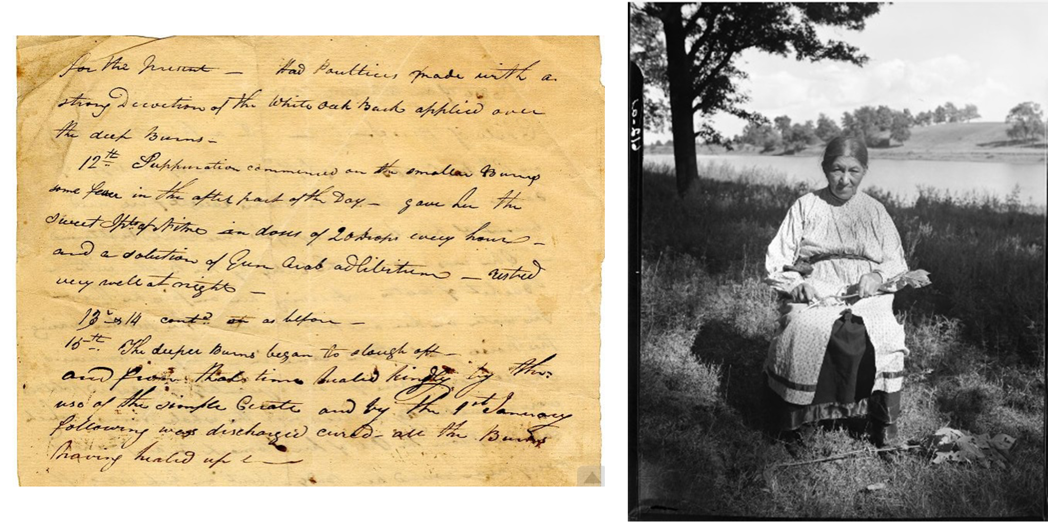 two images side by side. left is a manuscript, right is a black and white photo of a woman