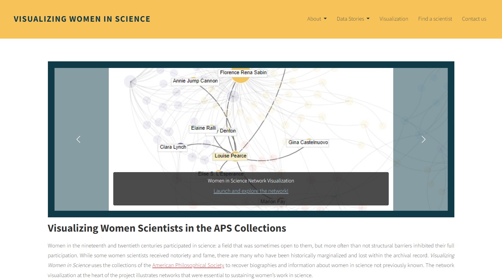 screenshot of landing page for Visualizing Women in Science