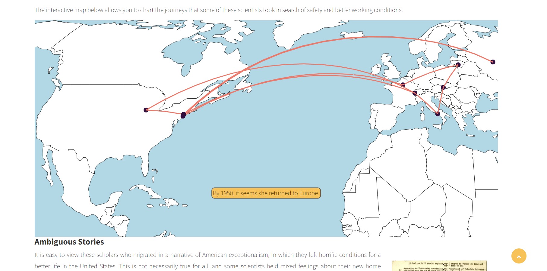 screenshot of map of North Atlantic Ocean showing visualization of scientists' migration from Europe to North America