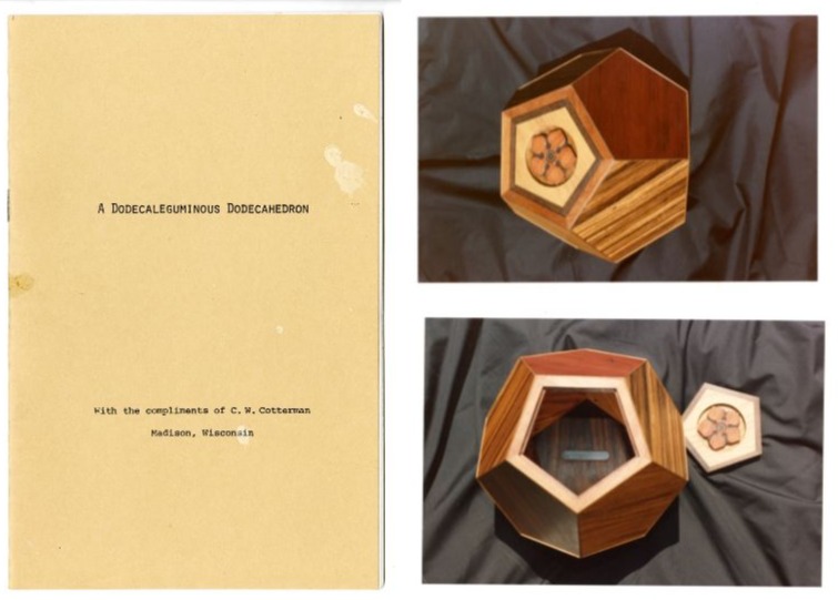 photo of title page and two photos of wood dodecahedron 
