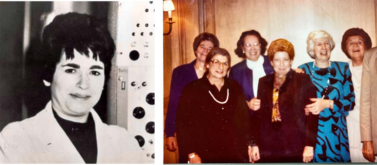 two photos. left photo is black and white headshot, right photo is color group shot of 6 women