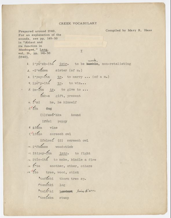 A scan of a typewritten paper that contains 14 dictionary entries. Each entry has been hand-annotated with numbers and accent marks. Multiple words on the page have been scratched out and replaced.