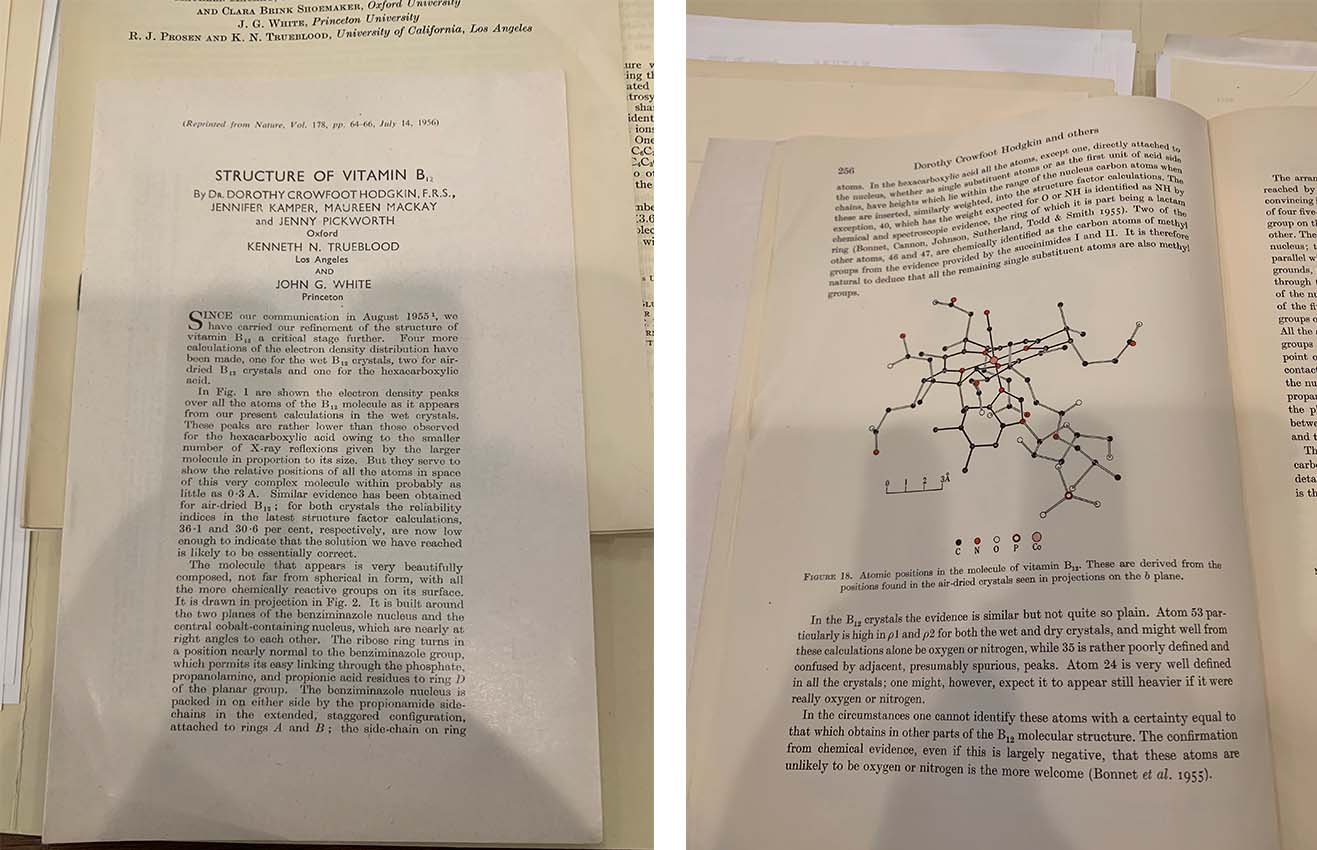photo of two print pages from academic journal, left is title page, right has molecular structure diagram