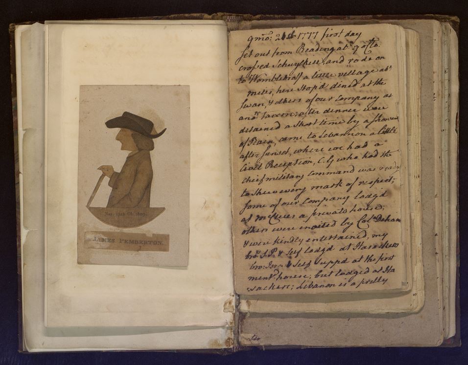 photo of open pages in Pemberton's diary. The left page includes an illustration of James Pemberton in profile. The right page is a full page of handwritten manuscript.