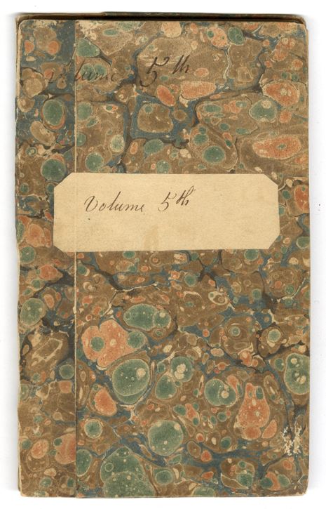 photo of marbled cover of Sarah Logan Fisher's diary labeled "volume 5th"