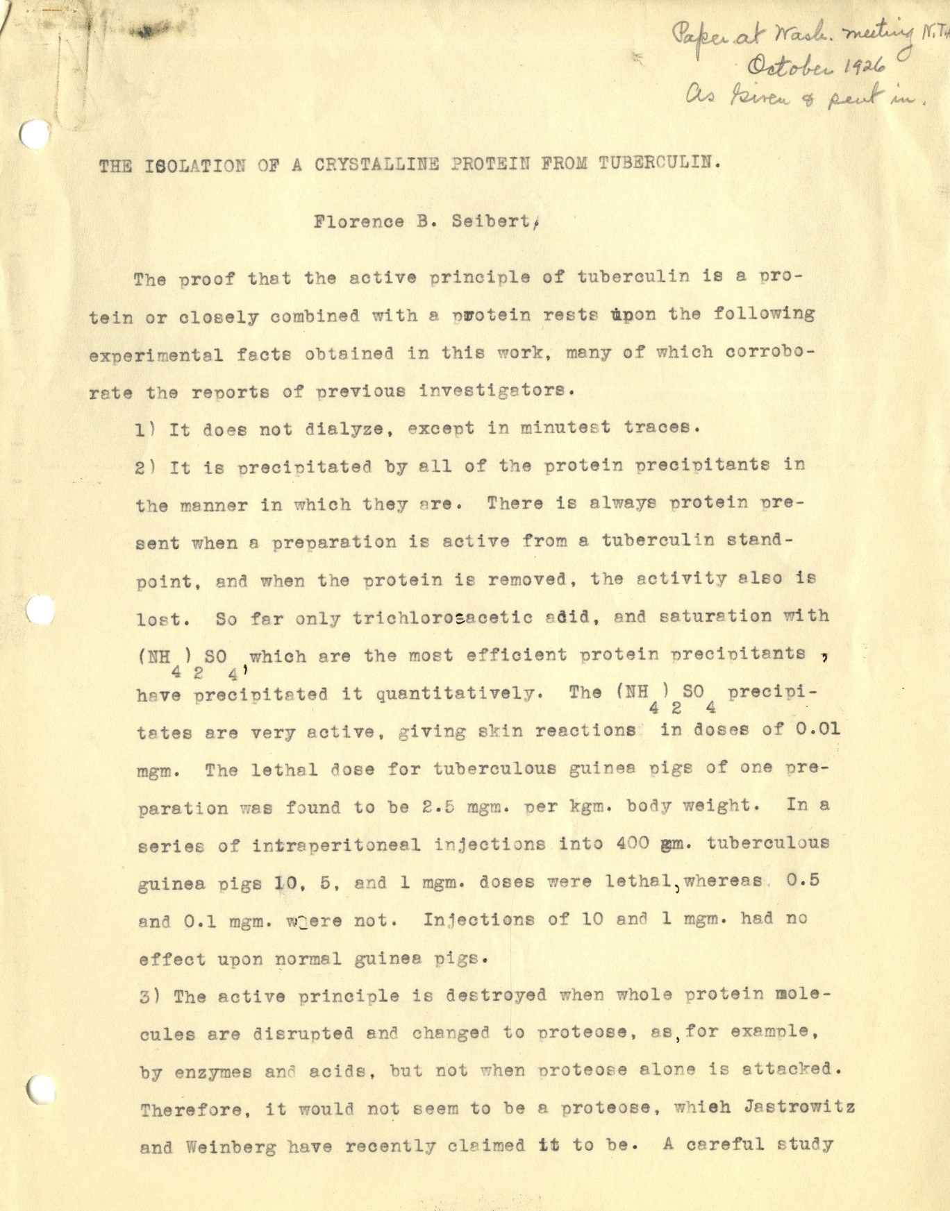 first page of typed notes on scientific paper