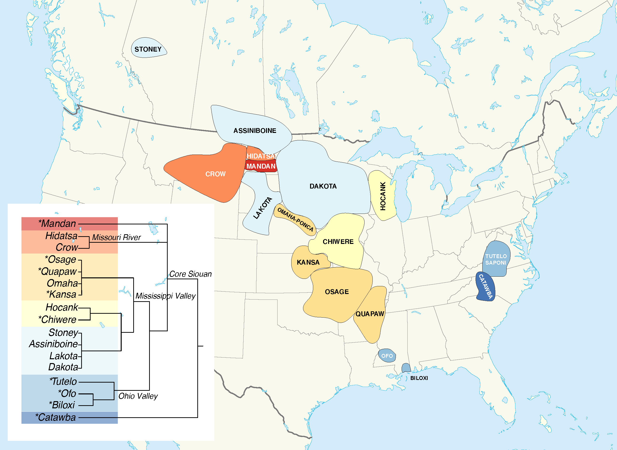 ‘Pre-contact’ distribution of the Siouan languages and Siouan family subgroups proposed by Robert Rankin (2010). The asterisk (*) symbol indicates languages with no known fluent speakers.