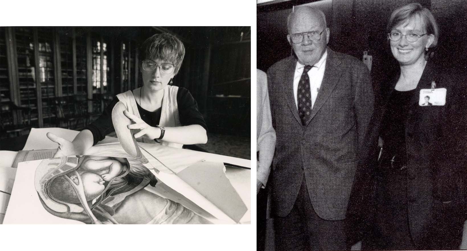 two photos. left of woman paging through large anatomy book; right of woman standing next to man