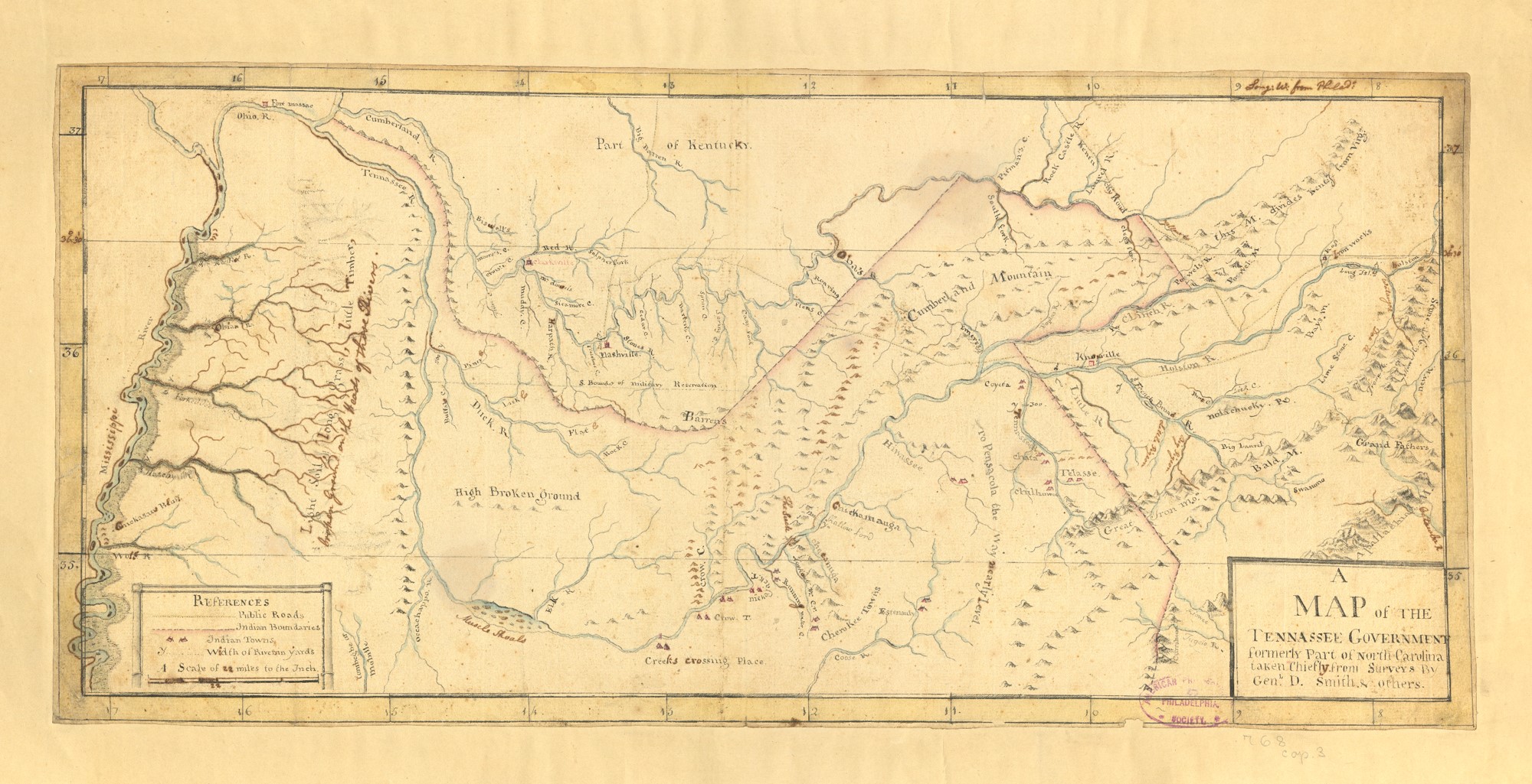 hand colored map of tennessee