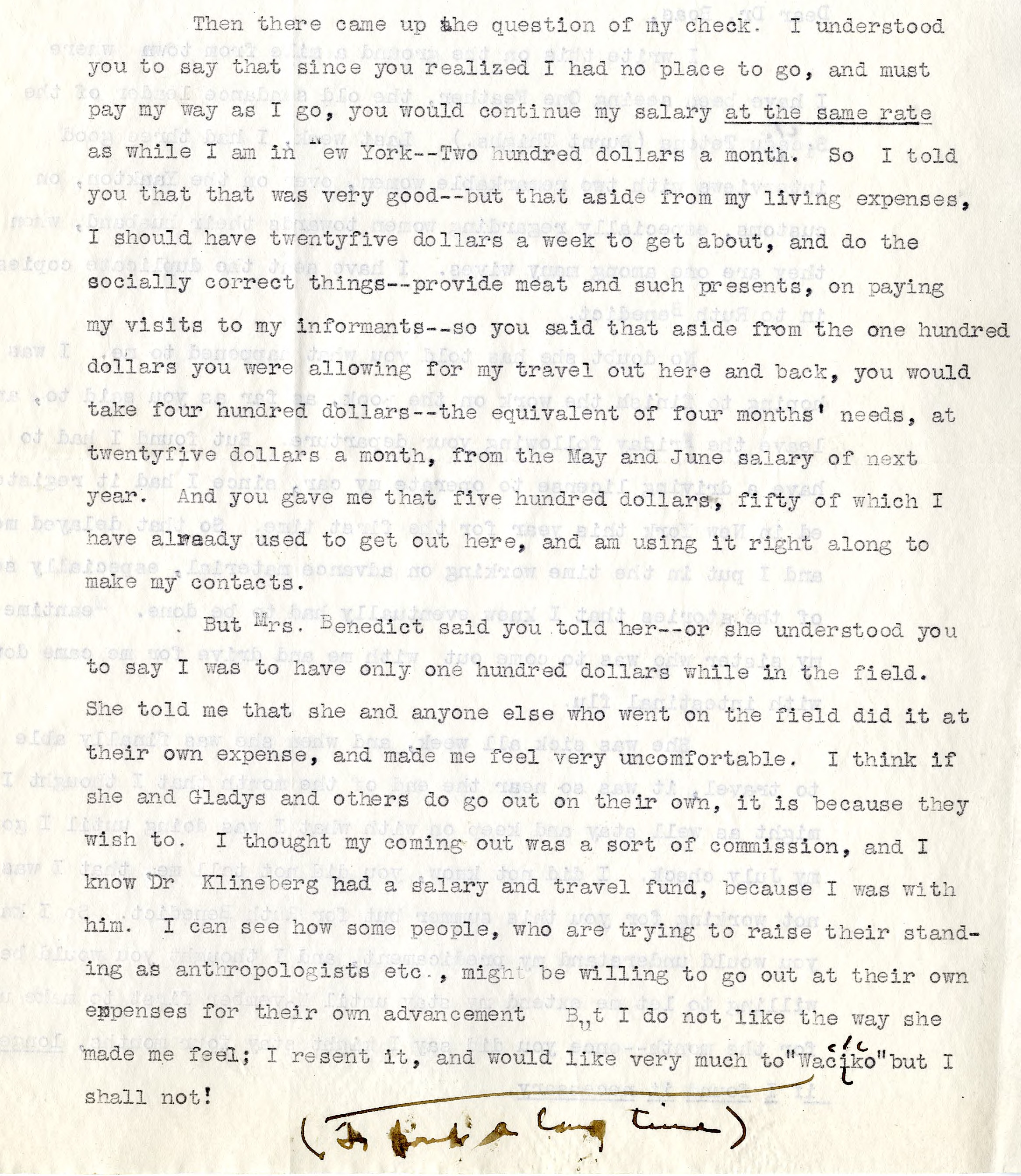 Typed letter with handwritten note on bottom of page