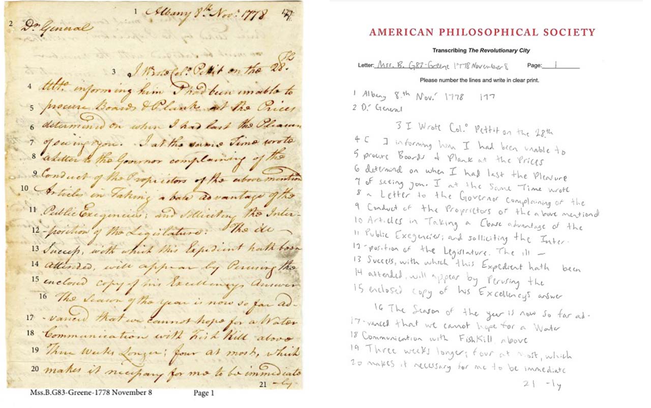 18th-century manuscript on left and handwritten transcription on right