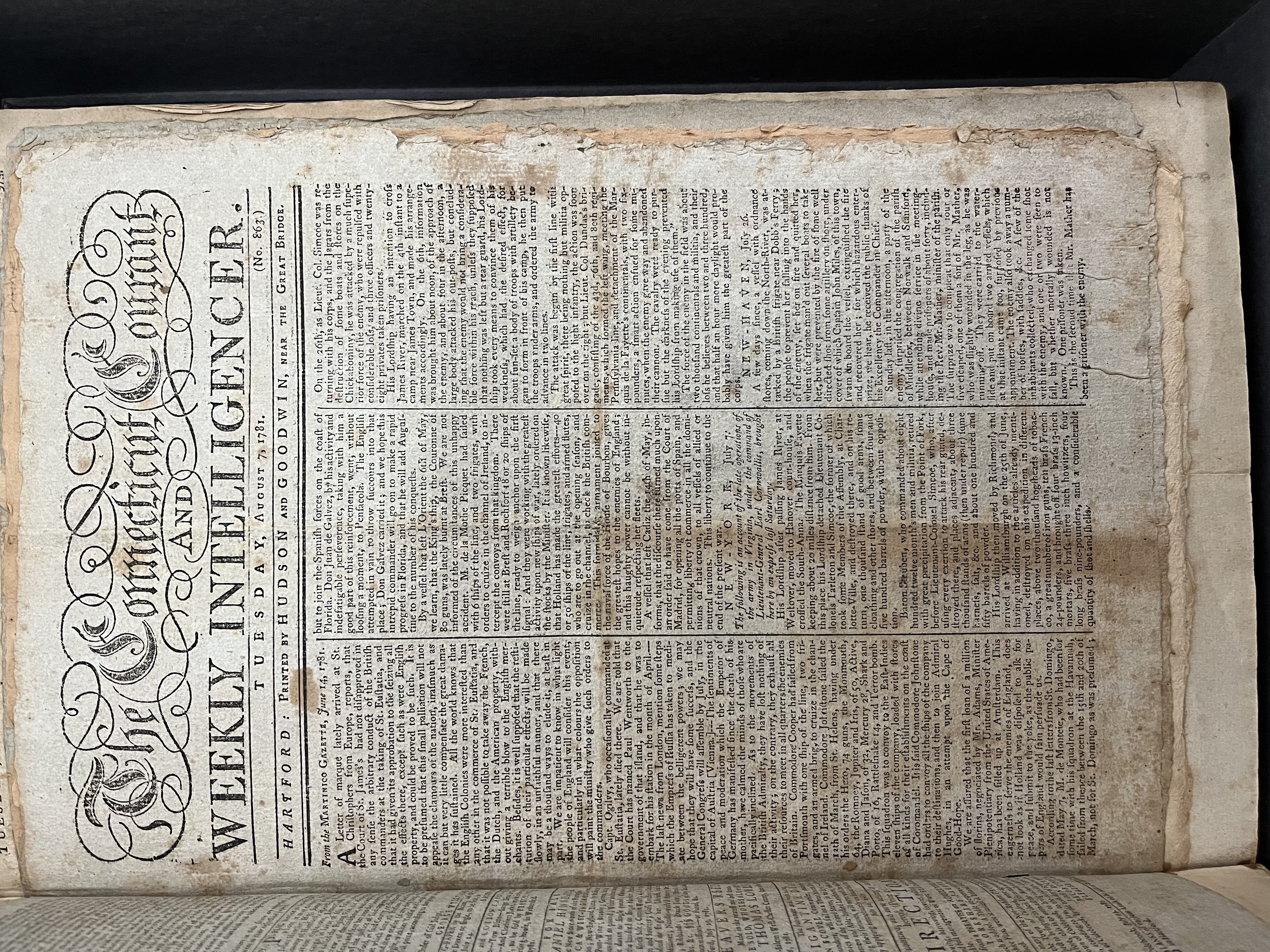 Aged copy of the Connecticut Courant and weekly intelligencer