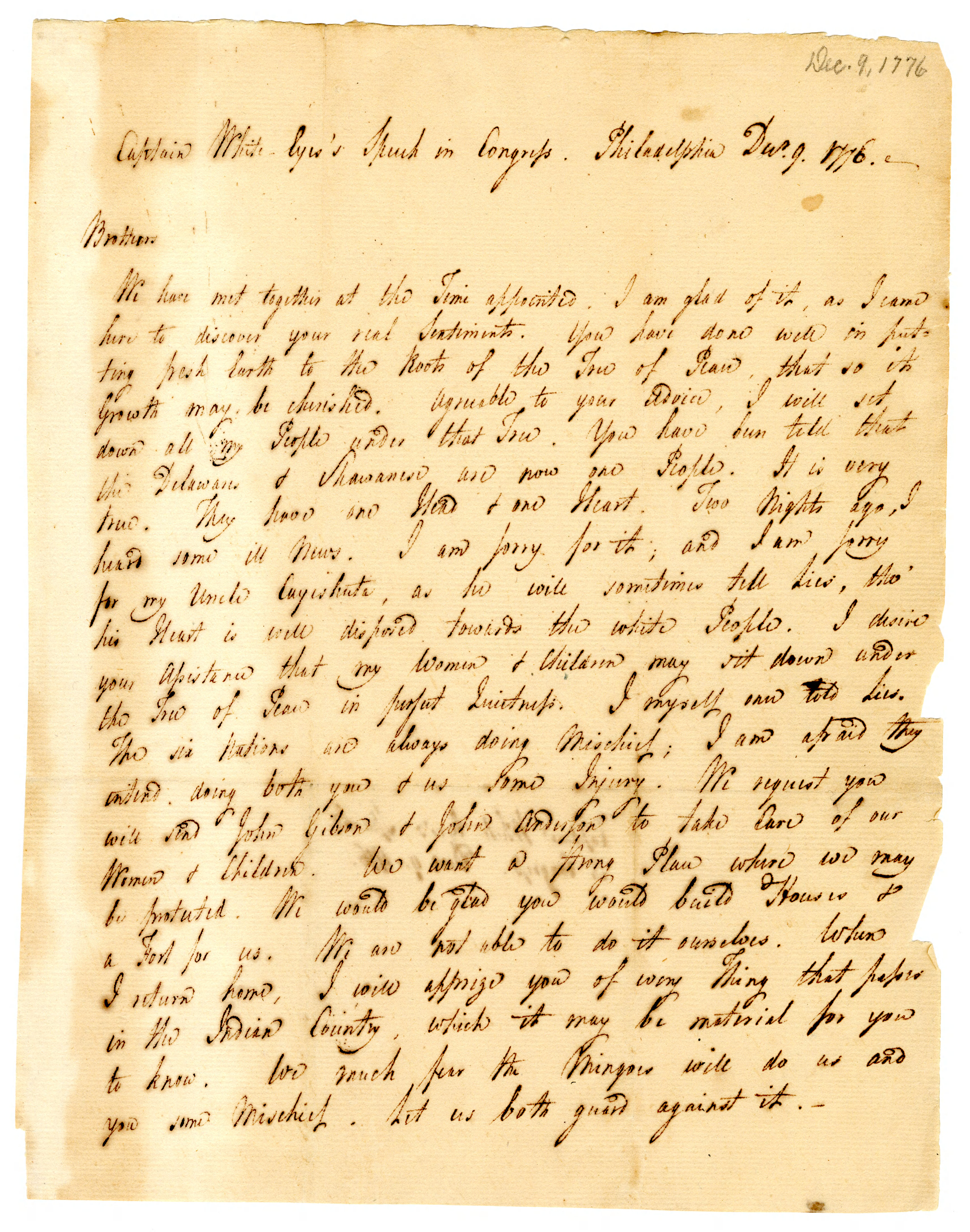 A transcription of White Eyes’ December 9, 1776 speech to the Continental Congress, likely transcribed by Jasper Yeates